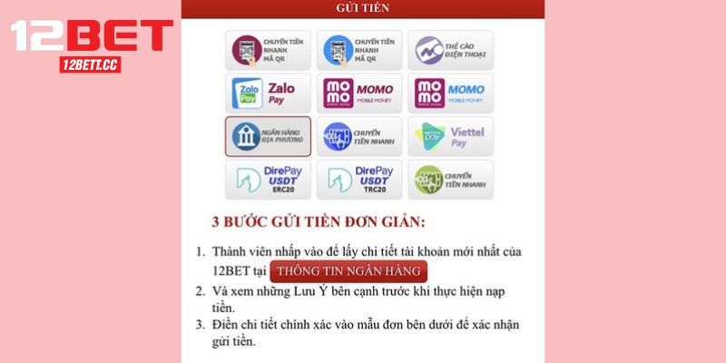 Chi tiết thao tác nạp tiền 12BET thông qua ngân hàng địa phương